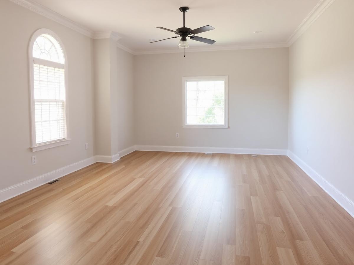 Same living room after installation with light oak-look plank flooring and clean white baseboards