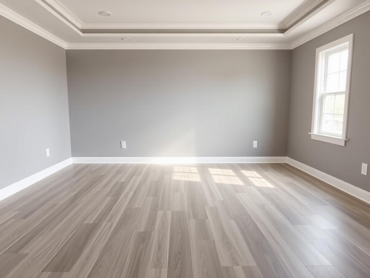Bedroom after installation with warm gray laminate plank flooring and fresh white baseboards