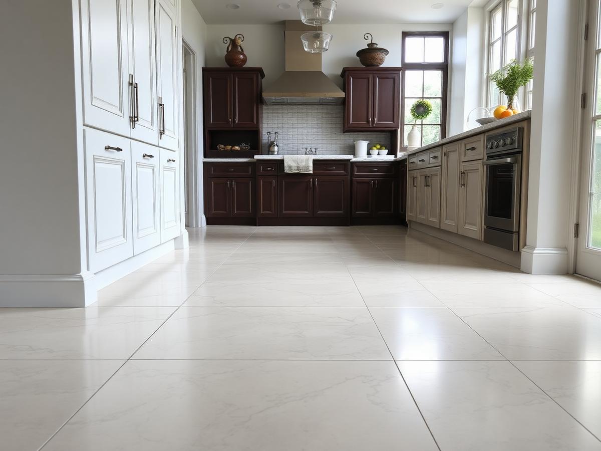 Kitchen after installation with large-format light porcelain tile flooring and even grout lines