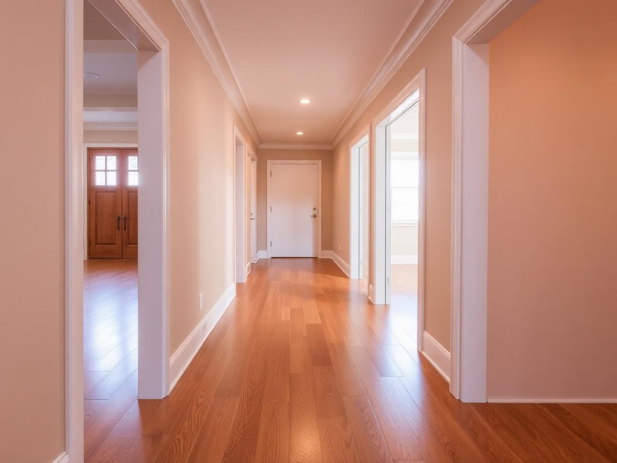 Hallway after installation with continuous engineered hardwood flooring and finished doorway transitions