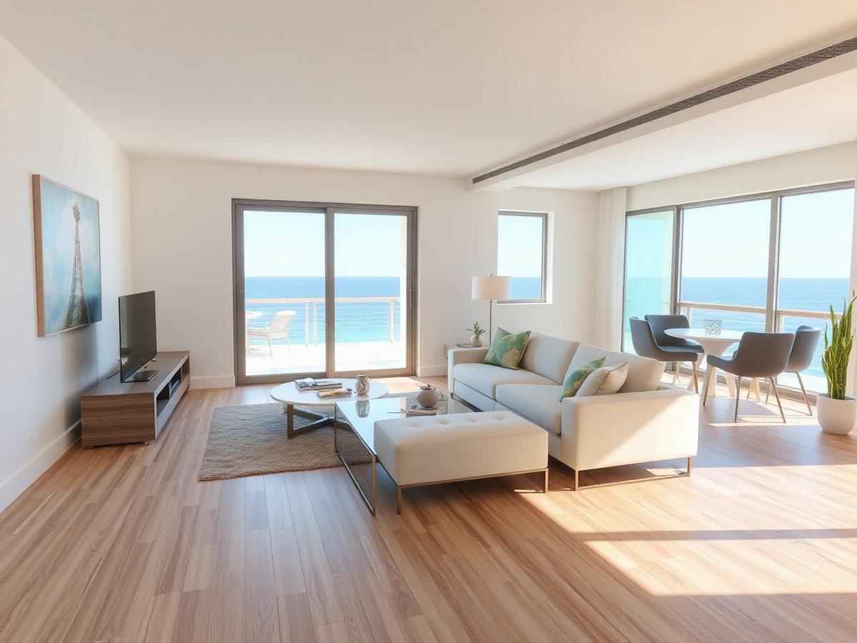 Finished open-plan Broward condo with new waterproof vinyl plank flooring throughout