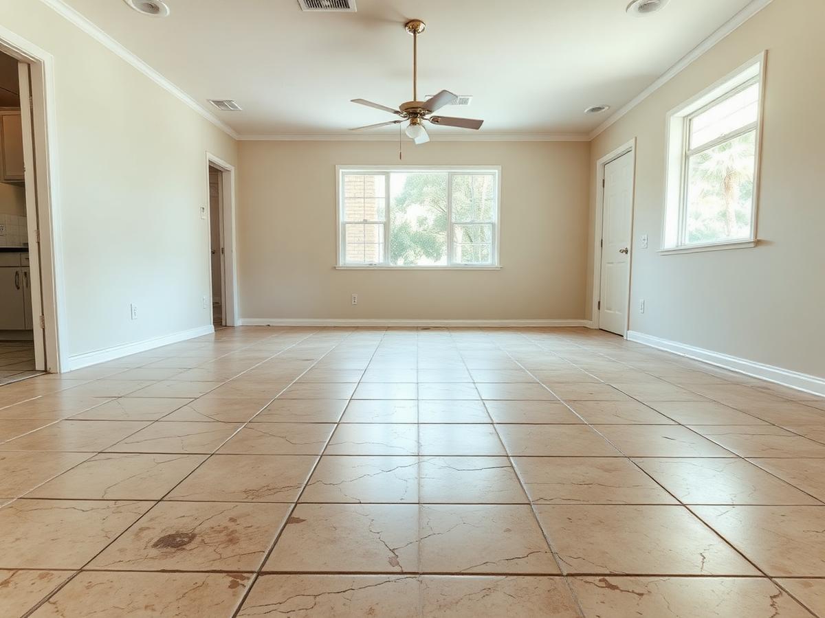 Empty living room with worn beige tile floor, cracked surfaces and stained grout lines before installation