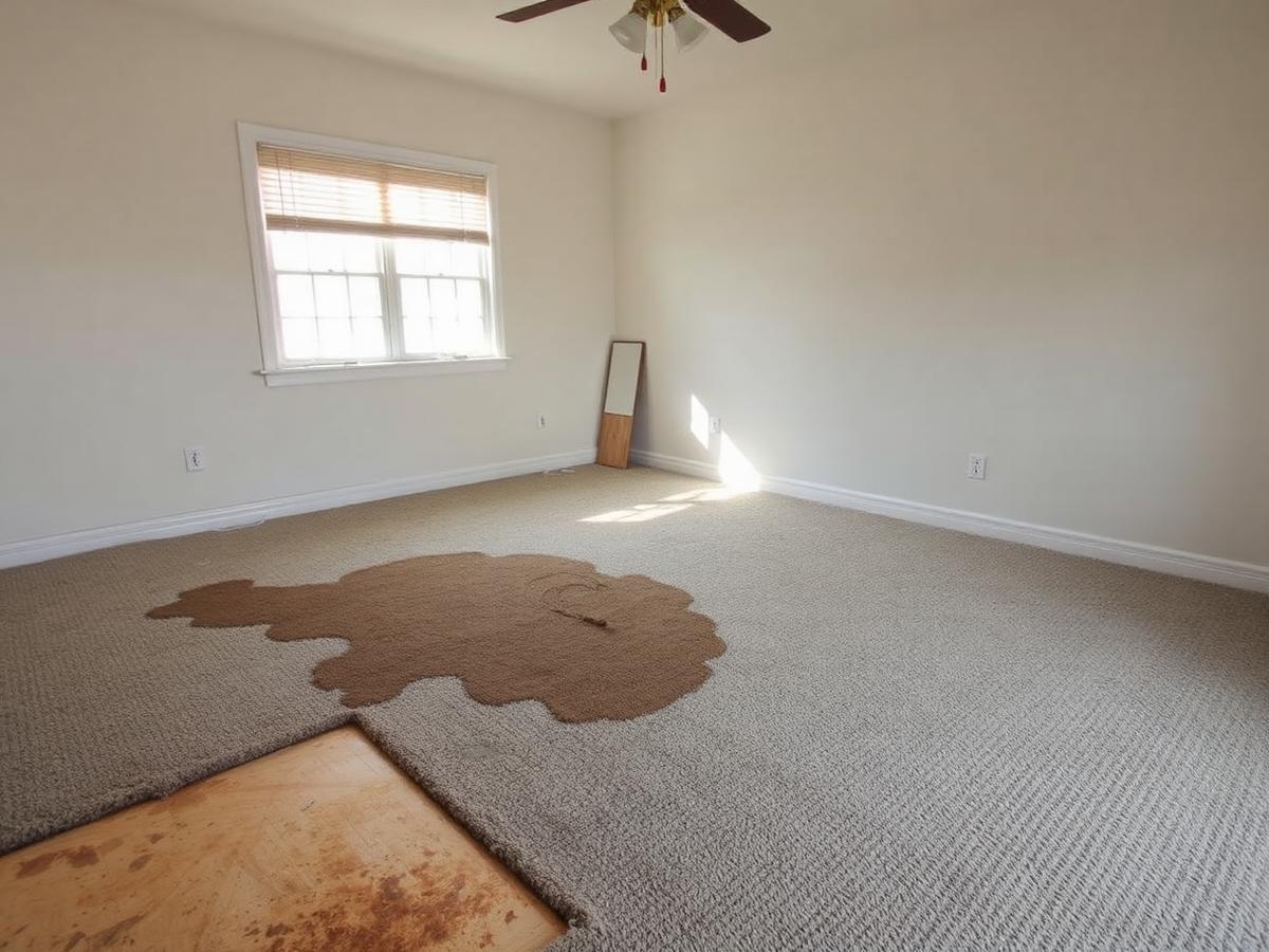 Bedroom with stained beige carpet partially pulled back exposing the subfloor before replacement