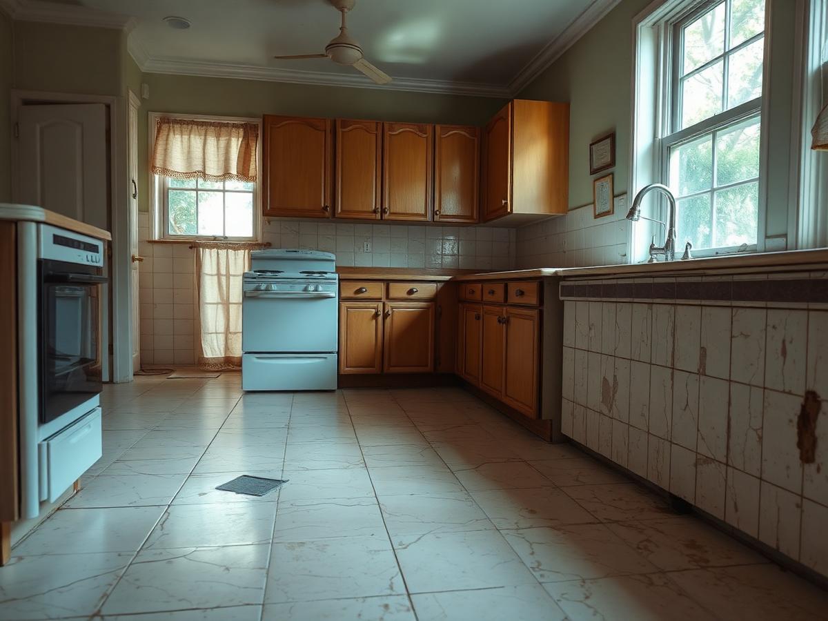 Dated kitchen with cracked and discolored ceramic tile flooring before renovation