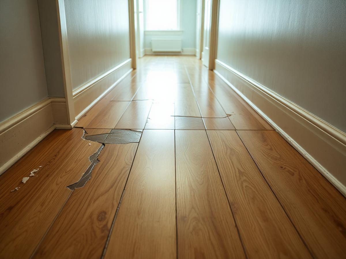Hallway with peeling water-damaged laminate planks showing gaps and swollen edges before repair