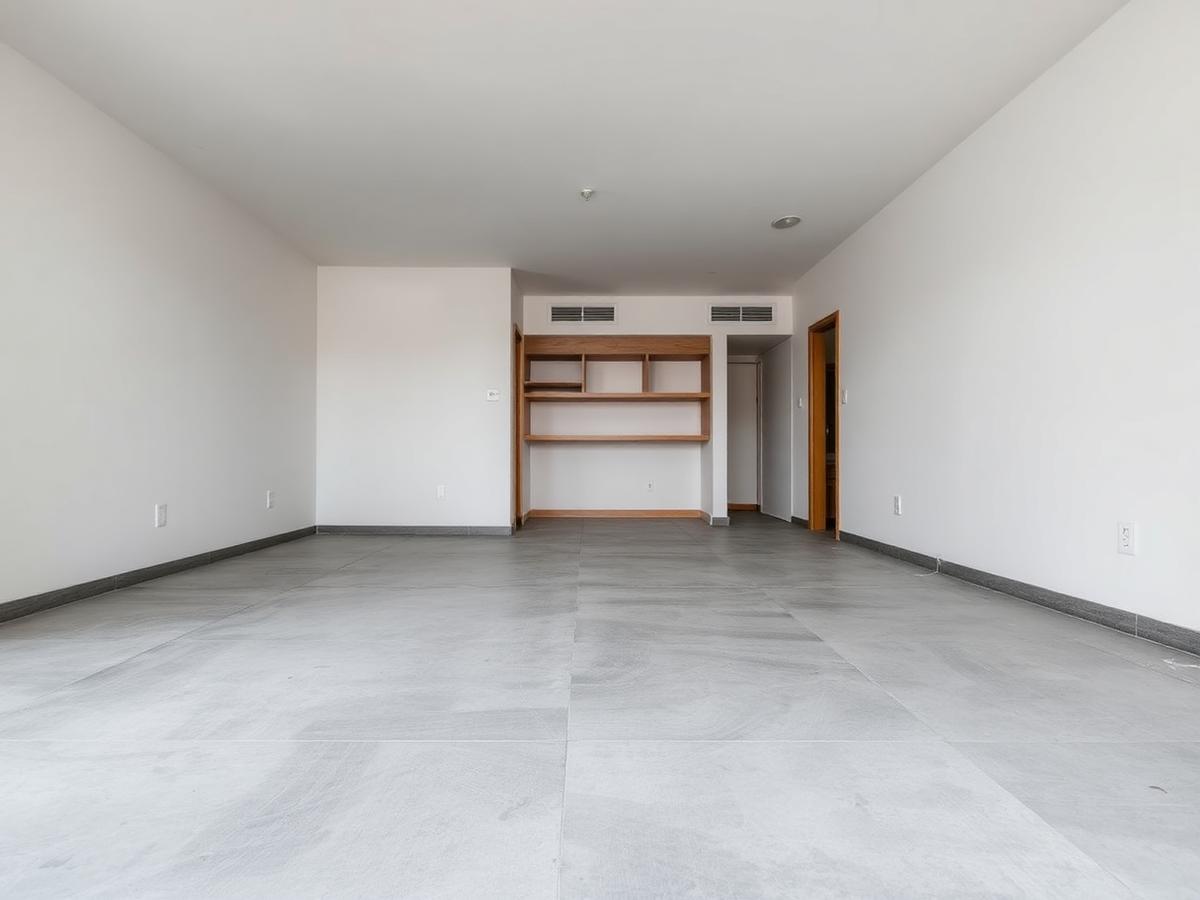 Empty condo living area with bare gray concrete slab prepared before flooring installation